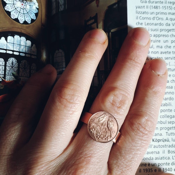 Birds ring. Resizeble ring. Copper and part of a coin. South Africa