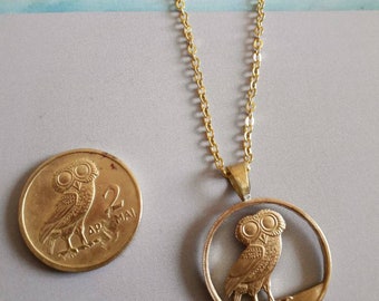 Greek drachma coin Pendant with brass necklace. Owl jewels.  Owl pendant.