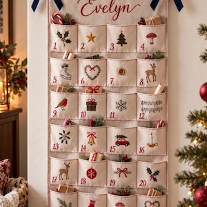 May include: A beige fabric wall-hanging advent calendar with the name Evelyn embroidered in red at the top. It features twenty-four numbered pockets, each decorated with unique holiday-themed embroidery, two dark blue bows, and a hanging rope.