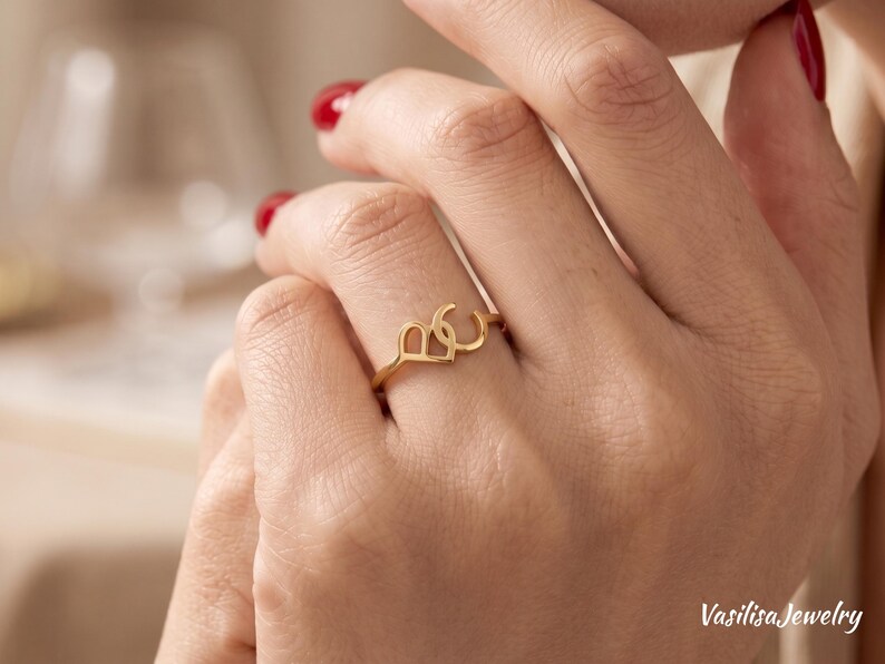 Interlocking Initial Ring, Sterling Silver Two Letter Band, Old English Gothic Monogram Ring, Couple Promise Jewelry, Gift for Her