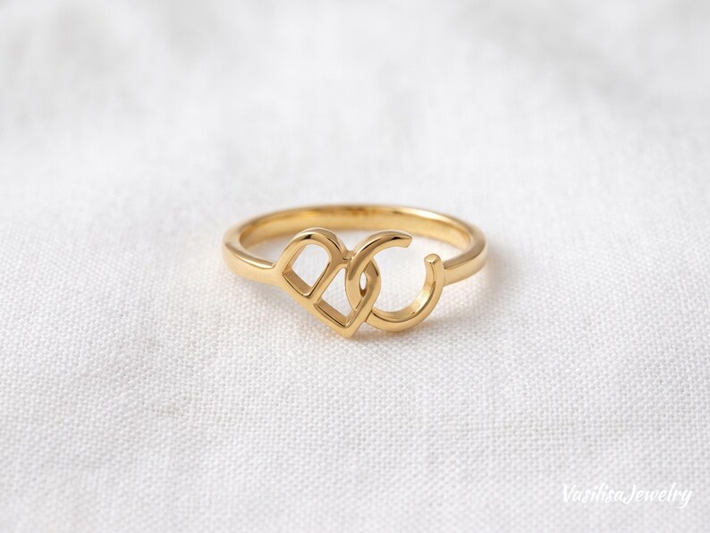 Interlocking Initial Ring, Sterling Silver Two Letter Band, Old English Gothic Monogram Ring, Couple Promise Jewelry, Gift for Her