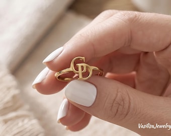 Monogramm-Ring mit zwei ineinander verschlungenen Buchstaben, Sterlingsilber, personalisierter Partnerring, Geschenk für Sie