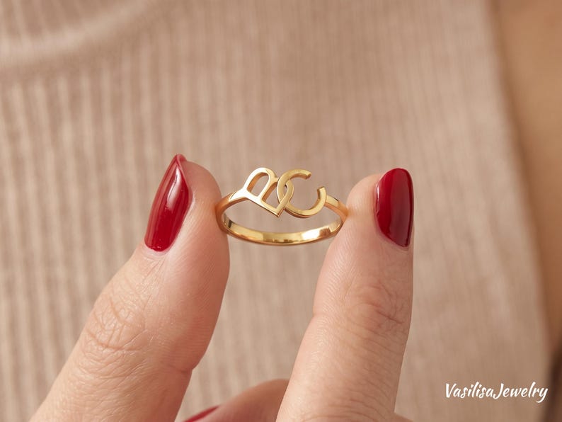 Interlocking Initial Ring, Sterling Silver Two Letter Band, Old English Gothic Monogram Ring, Couple Promise Jewelry, Gift for Her
