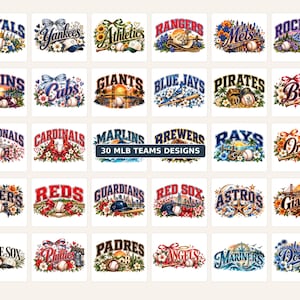 May include: A collection of 30 MLB team designs featuring baseballs, team names in stylized fonts, and decorative floral elements. Each graphic incorporates specific team colors, sports equipment, and thematic scenery.