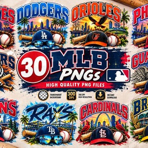 May include: A digital collection of 30 MLB PNG files featuring various baseball team logos, city skylines, baseball caps, bats, and balls. The central text reads 30 MLB PNGS with a small baseball silhouette logo and high quality PNG files text.