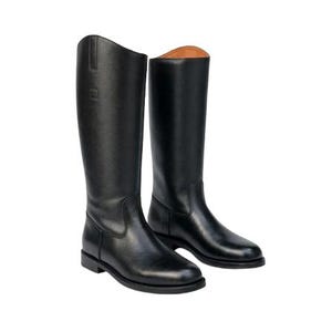 May include: A pair of tall black leather riding boots featuring a smooth finish, a rounded toe, a low block heel, and a structured shaft that reaches below the knee. The interior lining is a contrasting tan colour, visible at the top opening.