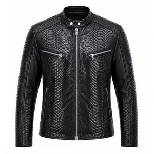 May include: A black jacket featuring a textured snakeskin pattern throughout. The garment includes a stand-up collar with two silver-toned snap buttons, a full-length central silver zipper, and two horizontal zippered chest pockets.