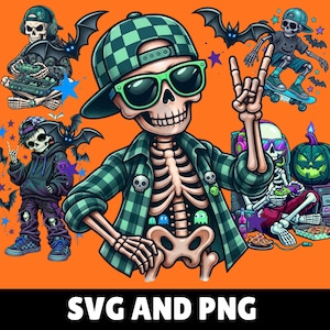 May include: A digital illustration featuring multiple skeleton characters in various poses, including one wearing a green checkered cap and sunglasses, another skateboarding, and one gaming, all set against an orange background with the text SVG AND PNG.