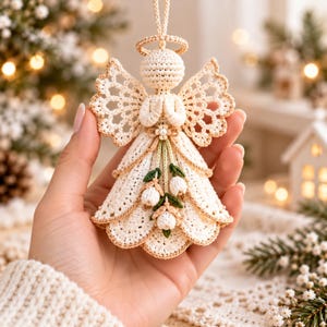 May include: A cream-colored crochet angel ornament featuring a halo, intricate lace-like wings, and a layered skirt. The figure has hands clasped in prayer and is adorned with a small flower and three dangling white bell-shaped flowers.