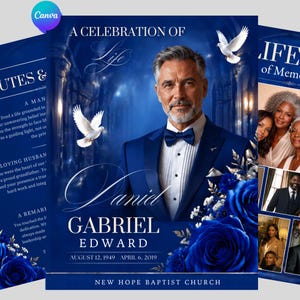 Può includere: Un modello di programma funebre con il ritratto di un uomo in abito blu e papillon, decorato con rose blu scuro e colombe bianche. Il testo recita A CELEBRATION OF LIFE, DANIEL GABRIEL EDWARD, 12 AGOSTO 1949 - 6 APRILE 2019, NEW HOPE BAPTIST CHURCH.