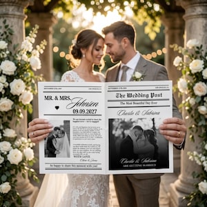 May include: A wedding newspaper announcement titled The Wedding Post and Mr. & Mrs. Johnson, dated 09.09.2027. The white paper features black text, two black and white photographs of a couple, and the names Charlie & Sabrina, held up by two people.
