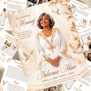 Puede incluir: Un programa funerario con el retrato de una mujer en un vestido blanco con bordados dorados. El texto dice IN LOVING MEMORY, Adwena Aline, 3 de abril de 1956 - 1 de junio de 2022, e incluye palomas, motivos florales y un versículo.
