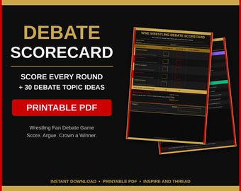 Può includere: Una scheda di valutazione per dibattiti sul wrestling WWE in formato PDF stampabile, nera e oro, con un layout strutturato per segnare i round, idee per argomenti di dibattito e il testo DEBATE SCORECARD, SCORE EVERY ROUND + 30 DEBATE TOPIC IDEAS, PRINTABLE PDF.