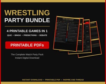 May include: A wrestling party bundle featuring four printable games including a quiz, bingo, predictions, and debate. The black and gold design includes the text WRESTLING PARTY BUNDLE, 4 PRINTABLE GAMES IN 1, and PRINTABLE PDFs on a dark background.