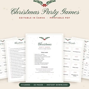 May include: A set of printable Christmas party games featuring a festive holly and berry graphic at the top. The collection includes trivia, charades, and bingo cards with text in black and red ink on white paper, designed for holiday event activities.