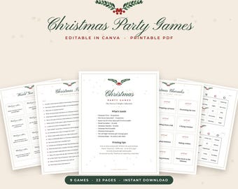 Weihnachtsspiele-Paket, bearbeitbare Canva-Vorlage, druckbares Weihnachtsquiz, Bingo, Würdest du eher...?, Scharade, Spieleabend für die ganze Familie