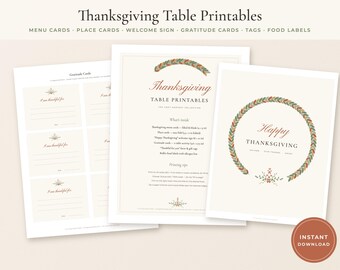Bearbeitbare Tischkarten & Menü-Set für Thanksgiving, Canva-Vorlage + druckbare PDF-Datei, Willkommensschild, Dankeskarten, Anhänger, Lebensmitteletiketten