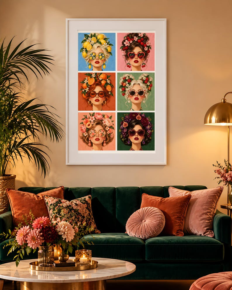 K&ouml;nnte beinhalten: Ein gerahmter Wandkunstdruck mit einem Raster aus sechs Portr&auml;ts von Personen, die eine Sonnenbrille und aufwendige Kopfbedeckungen mit verschiedenen Fr&uuml;chten und Blumen tragen, darunter Zitronen, Kirschen, Orangen, Erdbeeren, Pfirsiche und Feigen.