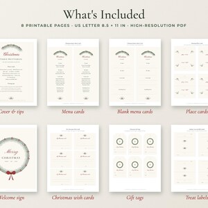 May include: Eight printable pages of Christmas table stationery on 8.5 x 11 inch US letter paper. Includes a cover, menu cards, blank menu cards, place cards, a welcome sign with a wreath, Christmas wish cards, gift tags, and treat labels.