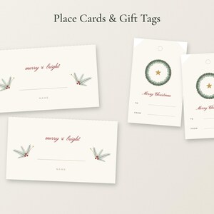 May include: Two rectangular place cards with the text merry & bright, pine sprigs, and red berries, alongside two vertical gift tags featuring a green wreath with a gold star and the text Merry Christmas with lines for to and from names.