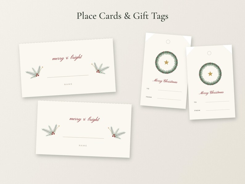 May include: Two rectangular place cards with the text merry & bright, pine sprigs, and red berries, alongside two vertical gift tags featuring a green wreath with a gold star and the text Merry Christmas with lines for to and from names.