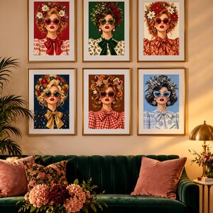 May include: A gallery wall featuring six framed art prints of individuals wearing festive holiday-themed outfits, sunglasses, and elaborate headpieces adorned with flowers, ornaments, pinecones, and gingerbread cookies, arranged in two rows of three.