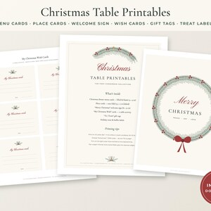 May include: A set of Christmas table printables featuring menu cards, place cards, a welcome sign, wish cards, gift tags, and treat labels. The designs include a green wreath with red berries and red text on a cream background. Includes an instant download badge.
