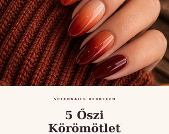Könnte beinhalten: Mandelformige Fingernägel mit einem weichen Farbverlauf von einer hellen Nude-Basis bis zu einer tiefdunkelroten Spitze. Der Text lautet SPEEDNAILS DEBRECEN, 5 Őszi Körömötlet, Stílusos útmutató az idei szezonra und készítette Koczka Judit.