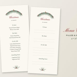 May include: Two 4 x 9 inch Christmas dinner menu cards on cream paper. One card is filled with text, the other is blank with lines. Both feature a green pine branch illustration with red berries at the top and bottom, and the text Christmas Dinner.