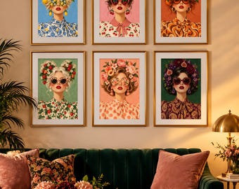Retro-Fruchtmädchen-Kunstdruckset mit 6 Drucken, maximalistische Wandkunst, eklektisches Galerie-Wandset, Zitronen-Kirsch-Küchenkunst, druckbares Modeporträt