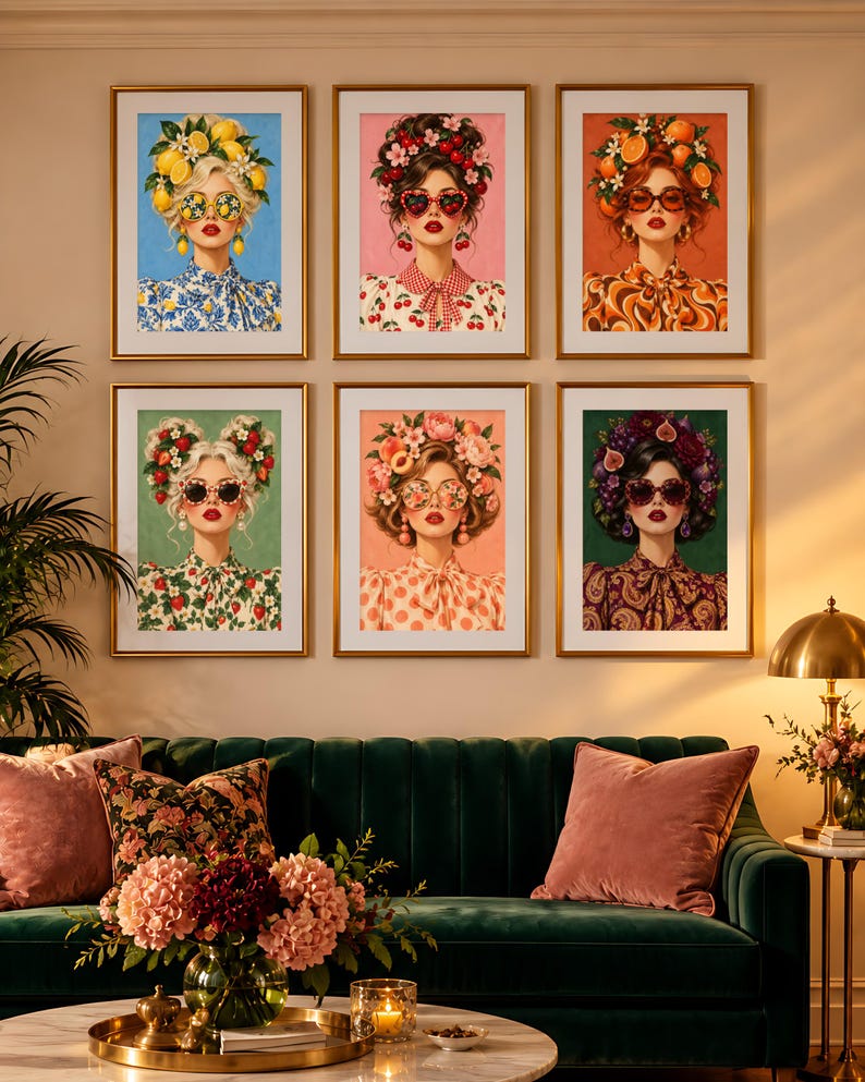 K&ouml;nnte beinhalten: Ein Set aus sechs gerahmten Kunstdrucken mit Portr&auml;ts von Personen, die Sonnenbrillen und aufwendige Kopfbedeckungen aus Zitronen, Kirschen, Orangen, Erdbeeren, Pfirsichen und Feigen tragen, jeweils mit passender gemusterter Kleidung.