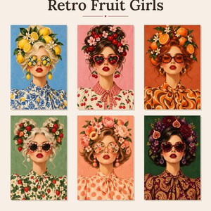 K&ouml;nnte beinhalten: Ein Set aus sechs druckbaren Wandkunstpostern mit dem Titel Retro Fruit Girls, die Illustrationen von Personen mit fruchtbasierten Kopfbedeckungen und passenden Sonnenbrillen zeigen, darunter Zitronen-, Kirsch-, Orangen-, Erdbeer-, Pfirsich- und Feigenmotive.