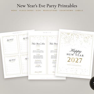 May include: A set of printable New Year's Eve party stationery featuring gold confetti accents on white paper. The collection includes menu cards, resolution sheets, and a sign reading Happy New Year 2027. A black circular badge states Editable in Canva.