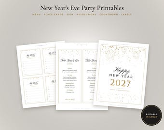 Könnte beinhalten: Ein Set aus druckbaren Neujahrsparty-Papierwaren mit goldenen Konfetti-Akzenten auf weißem Papier. Die Sammlung enthält Menükarten, Vorsatzblätter und ein Schild mit der Aufschrift Happy New Year 2027. Ein schwarzes rundes Abzeichen zeigt Editable in Canva.