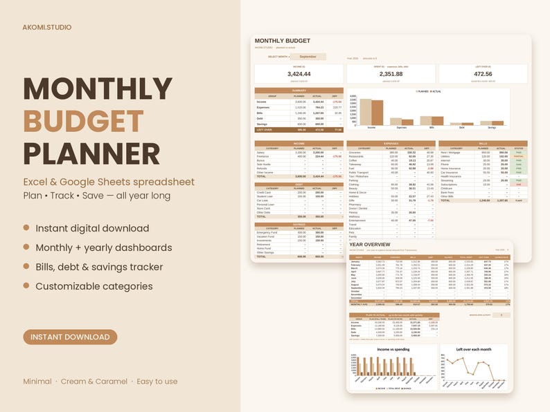 Monthly Budget Planner Spreadsheet, Excel & Google Sheets Template ...