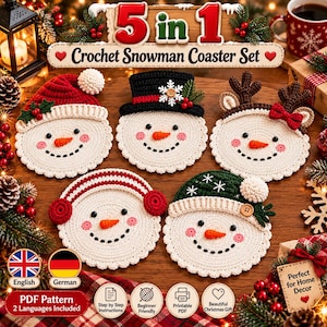 May include: A set of five circular crochet snowman coasters featuring various winter accessories including a red hat, a black top hat, reindeer antlers, red earmuffs, and a green hat. Each coaster has a white face, orange nose, and black eyes.