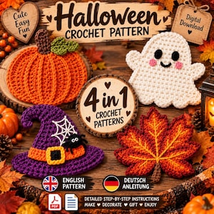 May include: A 4-in-1 Halloween crochet pattern set featuring a bright orange pumpkin, a white ghost with pink cheeks, a purple witch hat with a spider, and a red and orange autumn leaf. The text reads Halloween Crochet Pattern and 4 in 1.