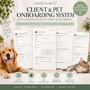 Puede incluir: Un sistema digital de incorporación de clientes y mascotas para cuidadores y paseadores de perros con cuatro formularios blancos: Client Intake Form, Pet Profile, Care Instructions y Emergency Information. Se ven un golden retriever y un gato atigrado.
