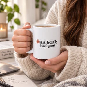 Peut inclure: Une tasse en céramique blanche avec une petite icône d'étoile orange suivie du texte noir "Artificially intelligent..." imprimé sur le devant. La tasse présente une finition lisse, une anse incurvée et contient un liquide brun foncé.