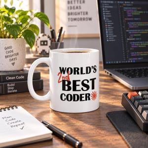 Pode incluir: Uma caneca de cerâmica branca com o texto preto "WORLD'S 2nd BEST CODER", com o "2nd" em vermelho e um ícone de estrela vermelha. A caneca contém um líquido escuro e está posicionada sobre uma mesa de madeira ao lado de um computador portátil.