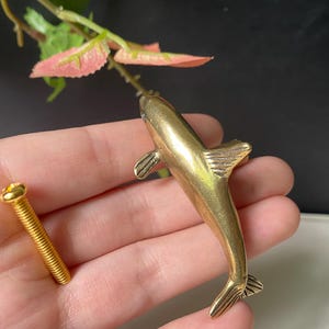 May include: A polished brass fish-shaped cabinet knob with detailed fin and tail markings, accompanied by a single gold-toned metal mounting screw. The hardware features a smooth, metallic finish and a curved, elongated body design.