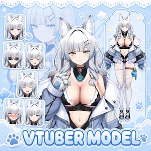 May include: A digital character sheet featuring a white-haired anime-style character with wolf ears, wearing a black bikini top, white jacket, and paw-themed gloves. Includes multiple facial expressions and the text VTUBER MODEL.
