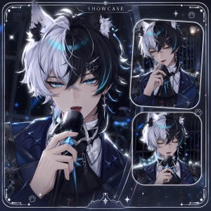 May include: An anime-style character illustration titled SHOWCASE featuring a person with split black and white hair, cat ears, and blue eyes. The character wears a dark blue suit with a ruffled collar and holds a microphone with blue crystal accents.