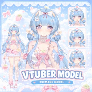Könnte beinhalten: Eine digitale Illustration eines VTuber-Modells mit einer Figur mit langem hellblauem Haar, die ein weiß-rosa Outfit mit Erdbeerakzenten, Schleifen und Bändern trägt. Die Figur ist in Ganzkörperansicht und mit drei Gesichtsausdrücken dargestellt.