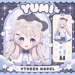 May include: A digital illustration of a character named YUMI, a VTuber model with light hair, blue eyes, and a dark beret. The character wears a white collar, blue accents, and a cloud-shaped bag. The design includes floral and star motifs.