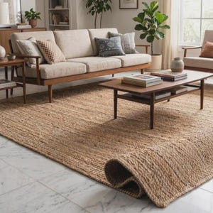 May include: A large rectangular area rug made of natural woven jute fibers with a thick, textured surface. The rug features a light tan color and is partially rolled at one corner, revealing the dense, braided construction of the material.