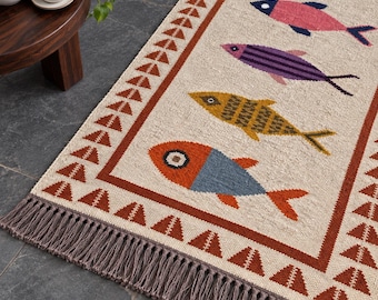 Handmade Wool Jute Fish design Runner Rug Beige and Green Kilim Rug custom Rug For Hallway Rug Bedroom Rug boho Kitchen Runner Rug Area Rug