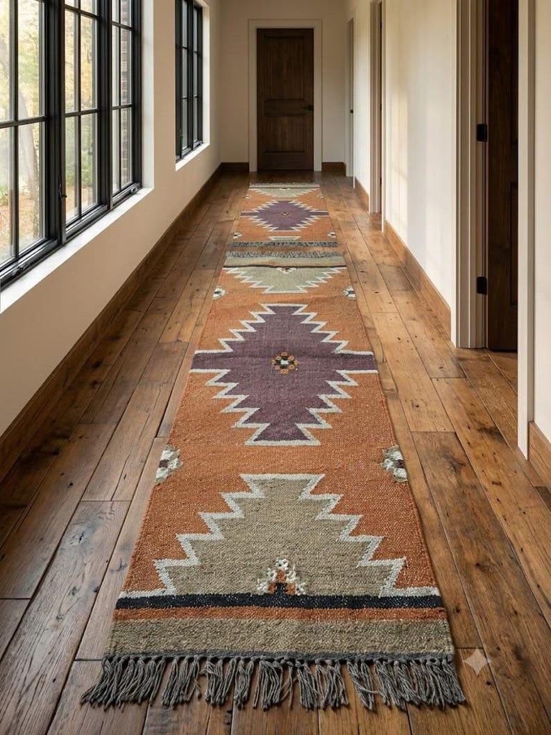 Handmade Kilim Runner Rug Geometric Runner Long Hallway Wool Jute Stair ...