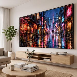 Rainy Night Tokyo Street Scene Canvas, Neon Lights Wall Art, Urban Cityscape Decor, Japanese Lanterns Canvas, Reflection Street View