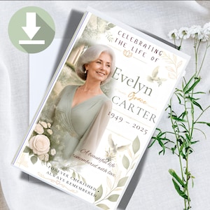 May include: A funeral programme card featuring a portrait of a woman in a sage green dress, decorated with white roses and doves. The text reads: CELEBRATING THE LIFE OF Evelyn Grace CARTER 1949 - 2025, A beautiful life remembered with love, FOREVER CHERISHED ALWAYS REMEMBERED.